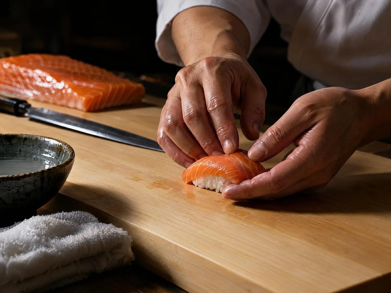 Les mains du chef façonnant un nigiri de saumon sur une planche en bois