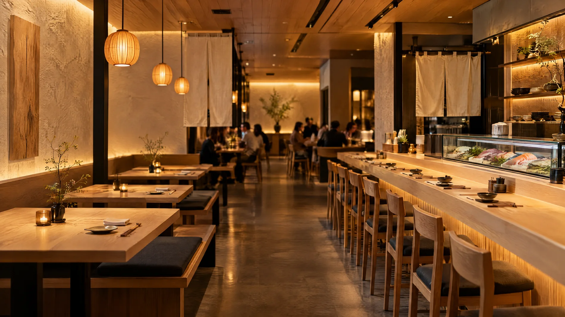 La salle du restaurant le soir, comptoir à sushi et lumières chaudes