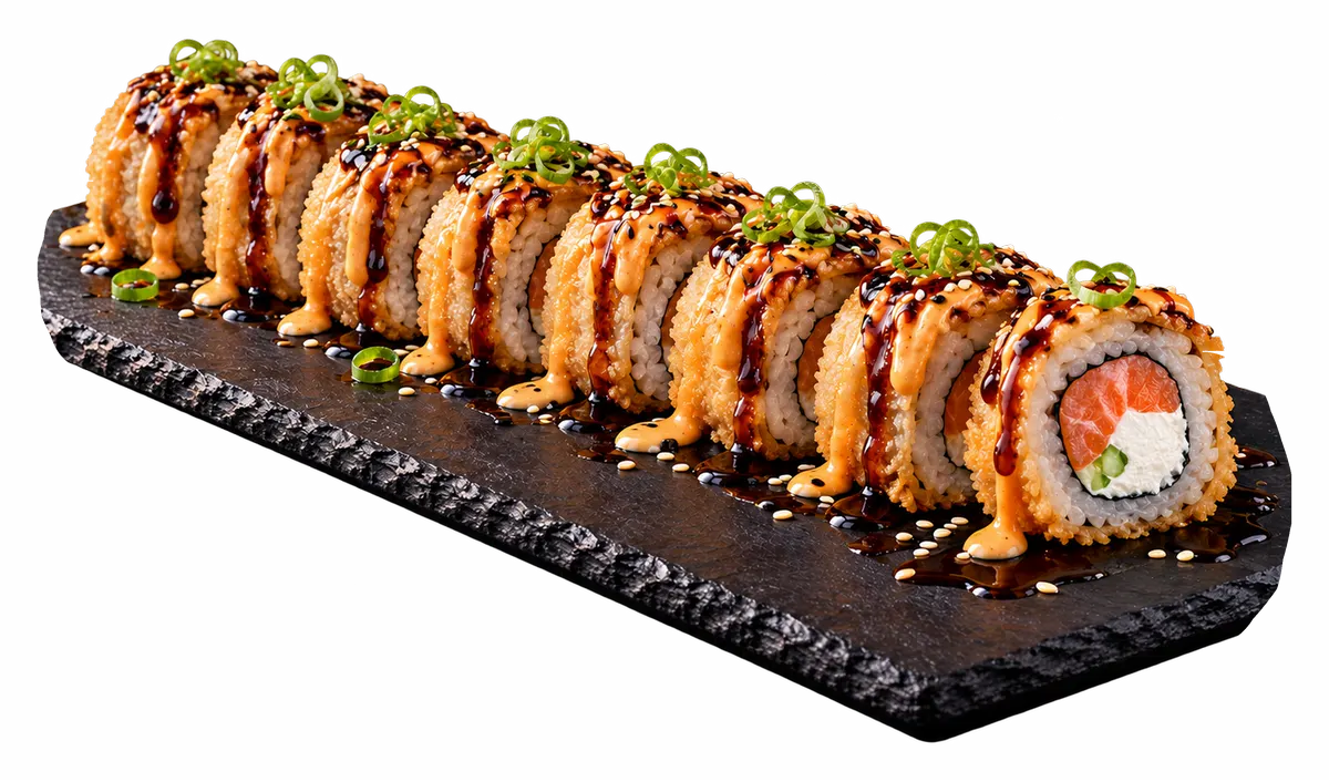 Le roll Las Vegas, spécialité de la maison, frit en tempura et nappé de sauces