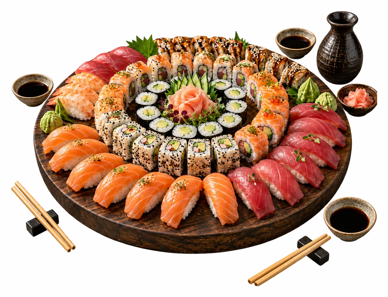 Grand plateau de partage garni de sushis, makis et california rolls