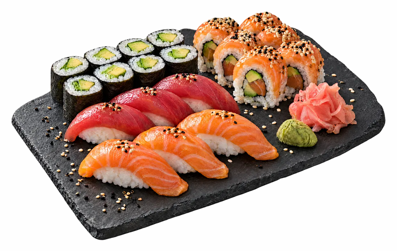 Plateau de nigiri au saumon et au thon, makis et california rolls sur une ardoise