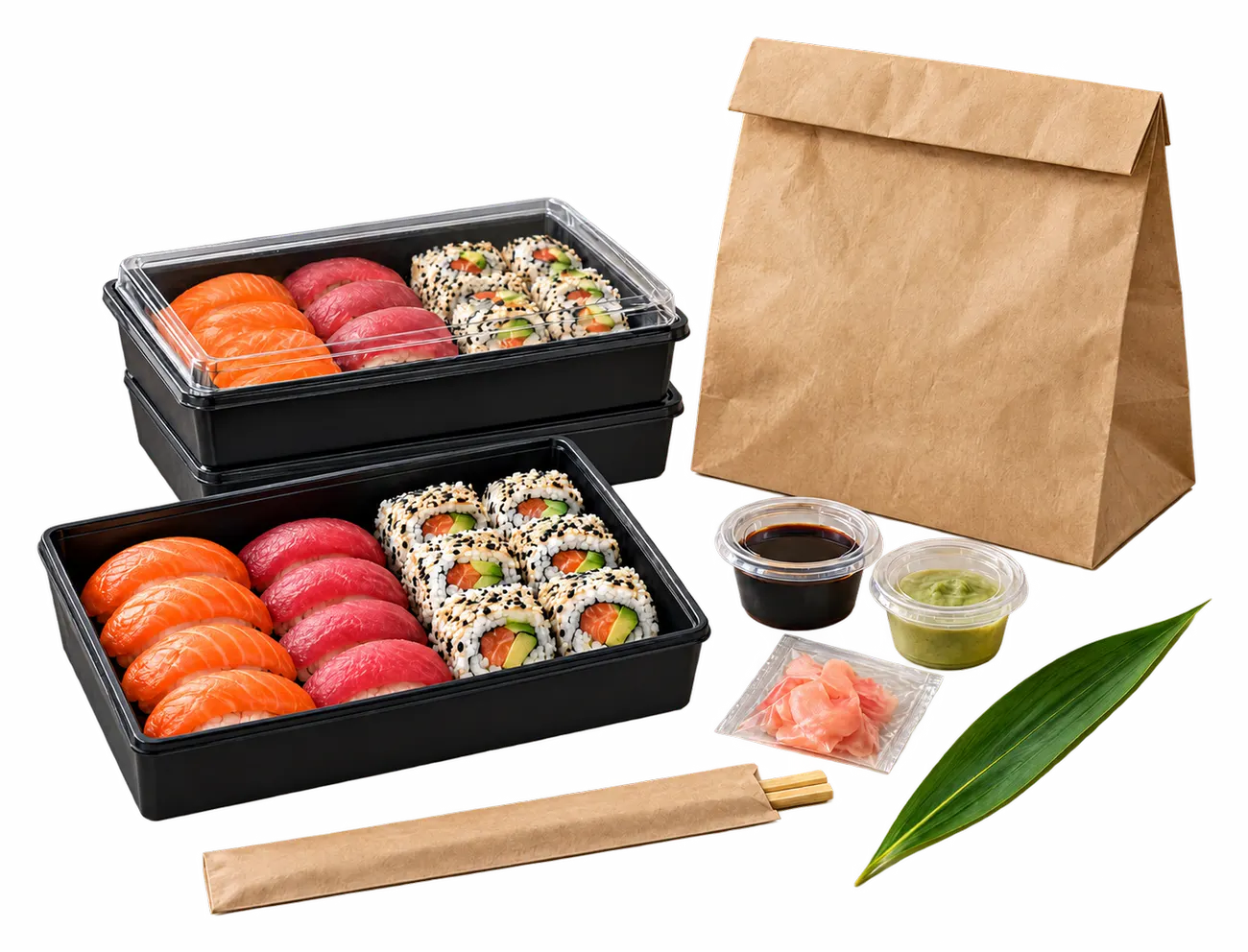 Commande à emporter prête : deux boîtes de sushi, un sac kraft, des baguettes et des sauces